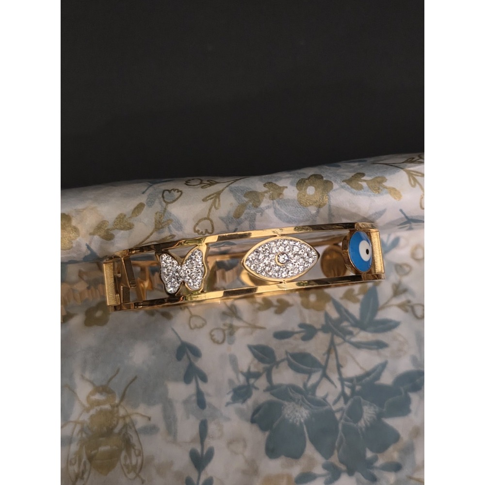 Evil Eye Cuff Crystal Gold Plated Bracelet Size 2.5" Closed